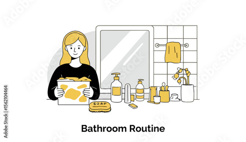 Young woman holding a container of bathroom supplies in a bathroom setting. Smiling while attending to her daily bathroom routine.