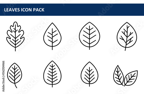 Leaf icons in various shapes and structures. Simple line art design for use in graphical user interface.