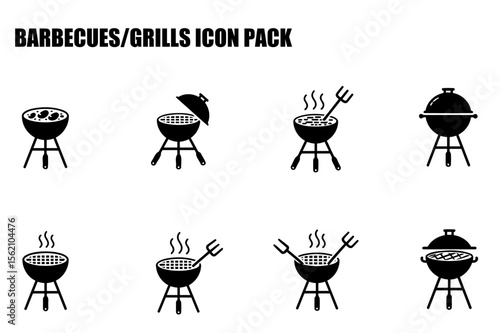 Barbecue grill icons in various states of use, showing open and closed lids, with utensils, and food in the grill.
