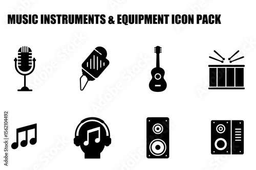 Music instruments and equipment icons in a simple, clean design. Black silhouettes of microphone, audio equipment, musical notes, headphones and musical instruments against a plain white background.