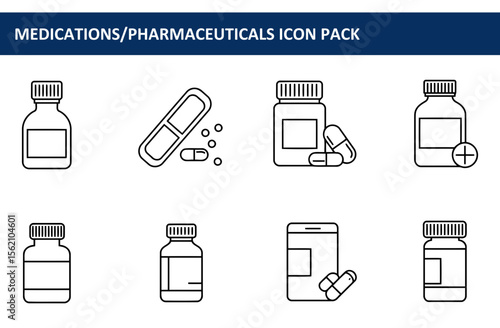 Line art icons depicting various pharmaceutical products. Generic pharmaceutical containers, blister packs and capsules, displayed against a white background.