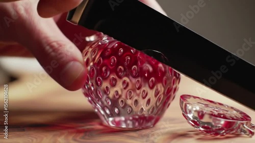A hand uses a knife to slice a strawberry shaped glass object on a wooden cutting board asmr