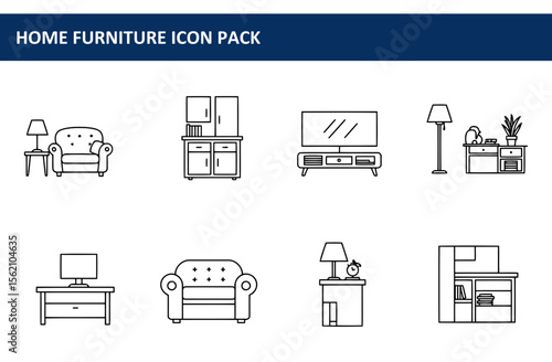 Home furniture icons featuring various pieces for living rooms, bedrooms, and offices. Simple line drawings of furniture pieces.