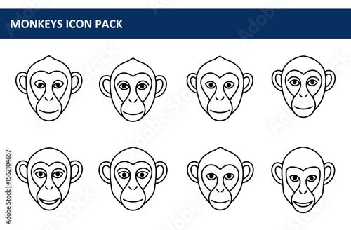 Set of monkey head icons in a variety of expressions displayed in a simple, clean line style. Flat, minimalist images of primate faces for use in a graphic design project.