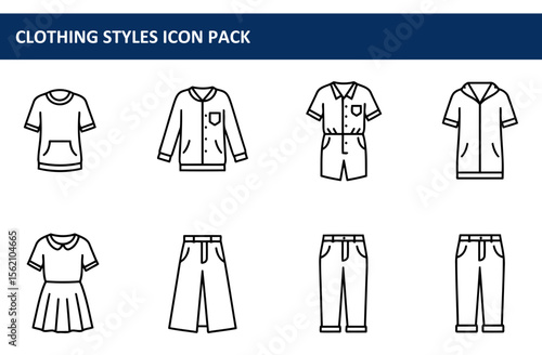 Collection of various clothing styles for women and men, displayed in a flat, graphic, outline design. Casual and versatile clothing items displayed in a horizontal row against a white background.