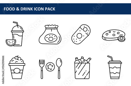 Food and drink icon pack featuring various food and beverage items. Simple line art icons for a variety of food and drinks in a food and beverage icon pack.