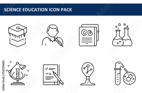 Science education icon pack showing various elements, including a graduation cap, a teacher, books, lab equipment, microscope, and checklist.