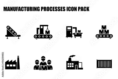Manufacturing processes icons in various stages of production. Industrial machinery and workforce in a factory setting.