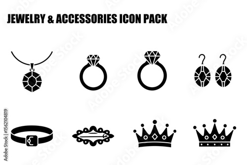 Jewelry and accessories icon set for fashion, design, or retail use. Simple silhouettes of necklaces, rings, earrings, bracelets, brooches, and crowns.