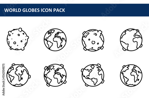 World globes icon pack featuring various depictions of Earth and other celestial bodies, displayed in a simple, clean line art style. Illustrative icons for educational materials.