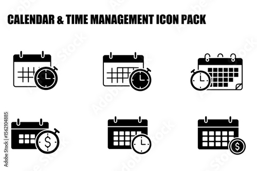 Calendar and timer icons for time management, various combinations of calendar, timer and dollar sign. Use for website design or application.