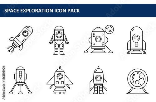 Space exploration icon pack of various rockets, space suits, and lunar modules in a simple line art style.
