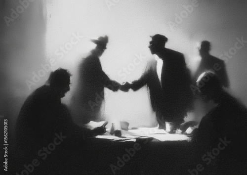 Shadowy figures in suits shake hands across a table covered in papers, silhouetted by dim light, suggesting secrecy, covert agreements and the tension of hidden negotiations.

