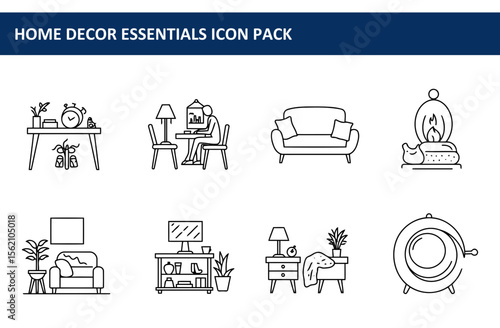 Home decor essentials line art icons depicting various furniture and home elements. Collection of everyday home objects in a simple, modern style.