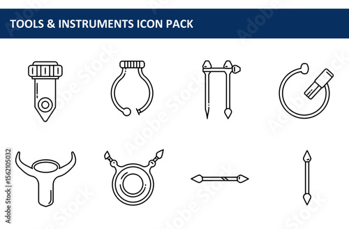 Tools and instruments icons in a simple, line art style. Collection of various tools and instruments in a flat, graphic design style.