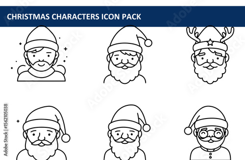 Christmas character icons in various holiday attire. Friendly, stylized male figures with festive headwear, displaying wintery cheer.