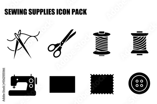 Sewing supplies icons for craft enthusiasts in a simple, black and white style.