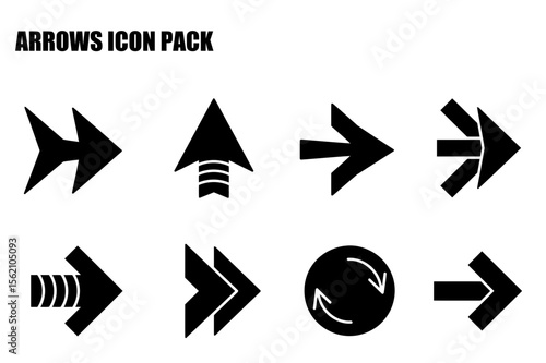 Set of various directional arrows in solid black silhouette against a white background. Simple, graphic directional icons for use in apps or websites.