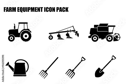Farm equipment icons in black and white. Collection of agricultural tools and machinery, displayed in a flat design style.