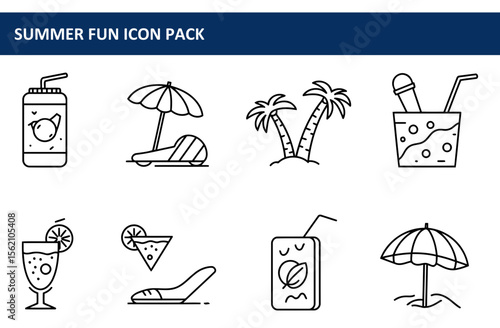 Summer fun icon pack depicting various summer activities. Simple line drawings of drinks, beach activities, and tropical scenery.
