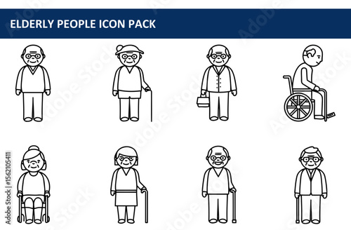Elderly people of various ages and genders in casual and formal attire, some with mobility aids, in a general setting. Diverse depiction of seniors in different poses and activities.