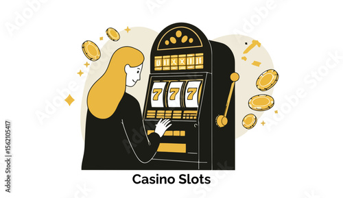 Female gambler interacting with a casino slot machine in a casino setting. Woman playing casino slots with coins flying from the machine.