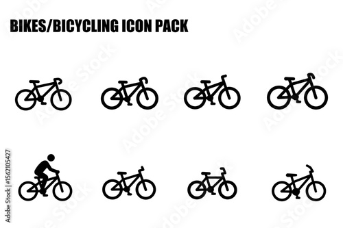 Bicycle icon set with various styles in a graphic design format. Collection of simple black and white bicycle icons on a white background.