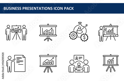 Business presentations icon set with various business scenarios depicted in a simple, clean line art style. Presenting data on a screen, showcasing growth, and discussing proposals with colleagues.