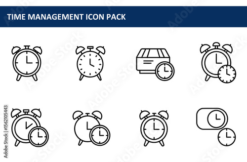 Line art icons depicting various time management concepts in a simple, modern style. Time management icons for a project or presentation with a clean and organized layout.