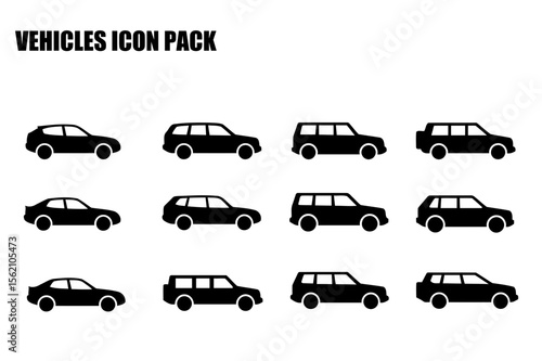 Black and white silhouettes of various types of vehicles in profile view. Simple car and SUV icons for graphic design or illustration purposes.