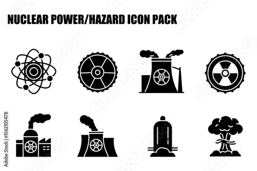 Nuclear power plant icons with associated hazards in simple, black and white silhouette style. Various symbols of atomic power, nuclear plants, radiation warnings, and a mushroom cloud.