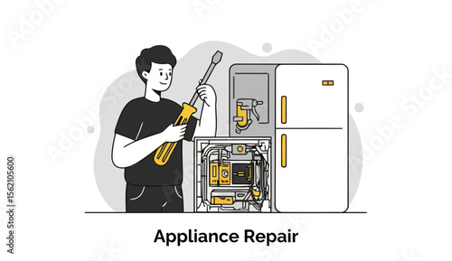 Young male appliance repair technician in black t-shirt and pants, holding screwdriver, working on a refrigerator and dishwasher in a domestic kitchen setting.