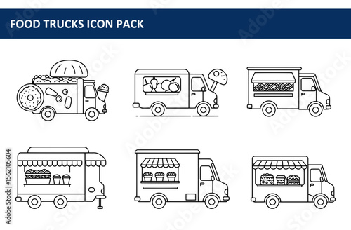 Food truck icons in various configurations with different food offerings. Side profile views of several food trucks with various product displays and awnings.