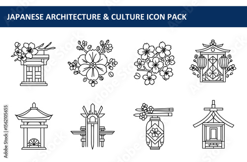 Japanese architecture and culture icons in a graphic design style. Simple line drawings of traditional Japanese structures and cherry blossoms in a flat design.