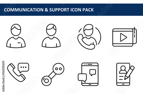 Communication & Support Icon Pack depicting various communication methods, such as profile views, phone calls, video conferencing, text messages, mobile messaging and customer support interactions.