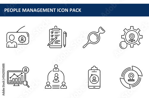 Line art icons depicting various aspects of people management in a professional setting.