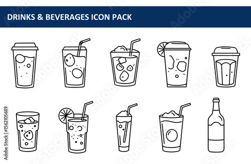 Line art illustrations of various beverages in different containers. Drinks with ice, straws, and citrus garnishes, presented as simple, modern icons.
