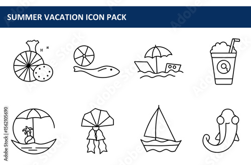Summer vacation icons featuring various beach activities in outline style. Simple line drawings of beach umbrella, fish, drinks, and boats with water, in various poses and settings.