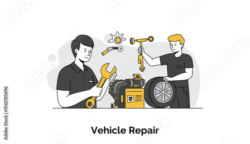 Two skilled male auto technicians in dark overalls are working underneath a lifted car in a well-equipped workshop, performing necessary vehicle repairs and maintenance.