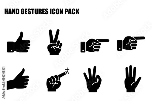 Hand gestures icon set showing various hand positions against a plain white background. General public or no demographic information, various hand gestures and positions on plain background.