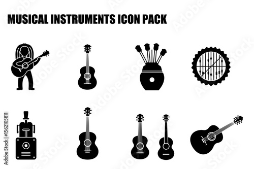 Musical instrument icons set with various types of guitars, ukulele, and accessories in a simple, silhouette design.