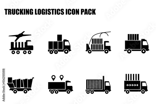 Trucking logistics icon set with various modes of transportation. Simple, black and white icons showcasing different types of trucks and cargo handling.