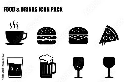 Food and drink icons for restaurant, cafe, or bar menus. Simple black and white silhouettes of coffee, burger, pizza, beer, juice, and wine glasses.