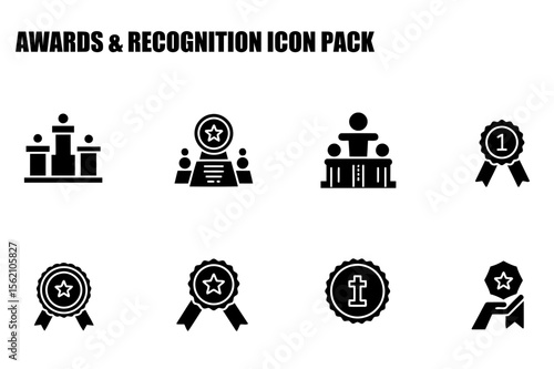 Award ceremony icons in a flat design style. Award ceremonies with podiums and winners accepting awards.
