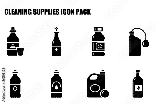 Cleaning supplies icons for home use. Vector illustrations of various bottles and containers for cleaning supplies in a flat design style.