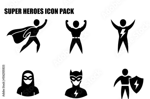 Super hero icons in various poses and outfits. Diverse group of characters in action, highlighting different abilities and roles.