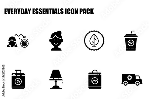 Everyday essentials icon pack depicting various daily necessities. Simple, stylized icons for beauty, environment, food, and travel.