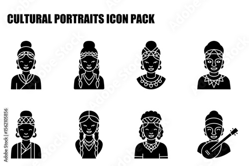 Diverse women of various ethnicities in traditional clothing/headwear. Smiling portraits set against a plain background.