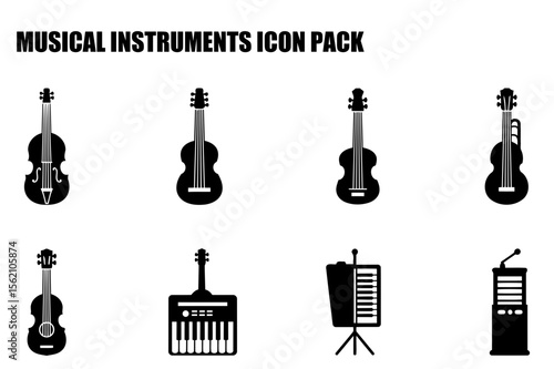 Musical instruments silhouettes in various styles. Black and white icons of violin, cello, guitar, keyboard, accordion, and microphone stand.