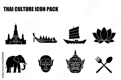 Thai culture icon pack. Black and white silhouette icons of landmarks, transportation, deities, and cuisine.